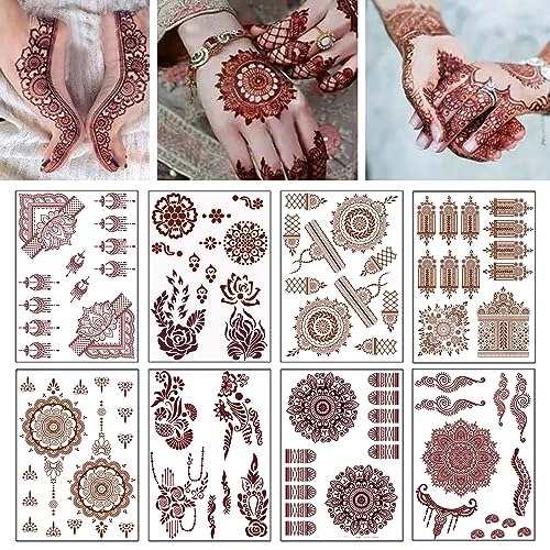 8 Sheets Temporary Tattoo Stickers Brown Exquisite Totem Indian Lace Mandala Flower Pattern for Beach Festivals Wedding Party Decorations