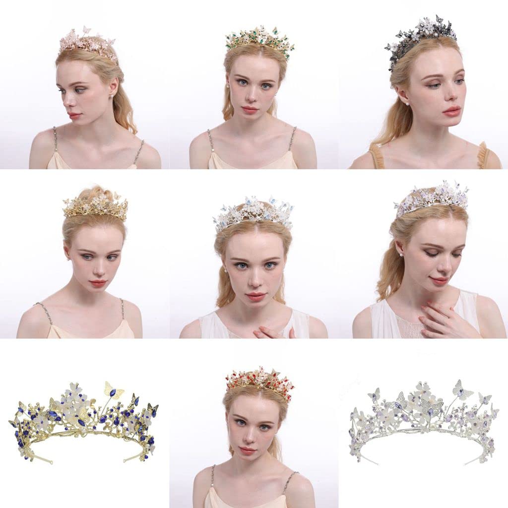 Yunyuebridal Bridal Crown Baroque Pearl Rhinestone Crown And Tiara Butterfly Hairband Wedding Hair Accessories Princess Crown Bride Tiaras (Royal Blue)