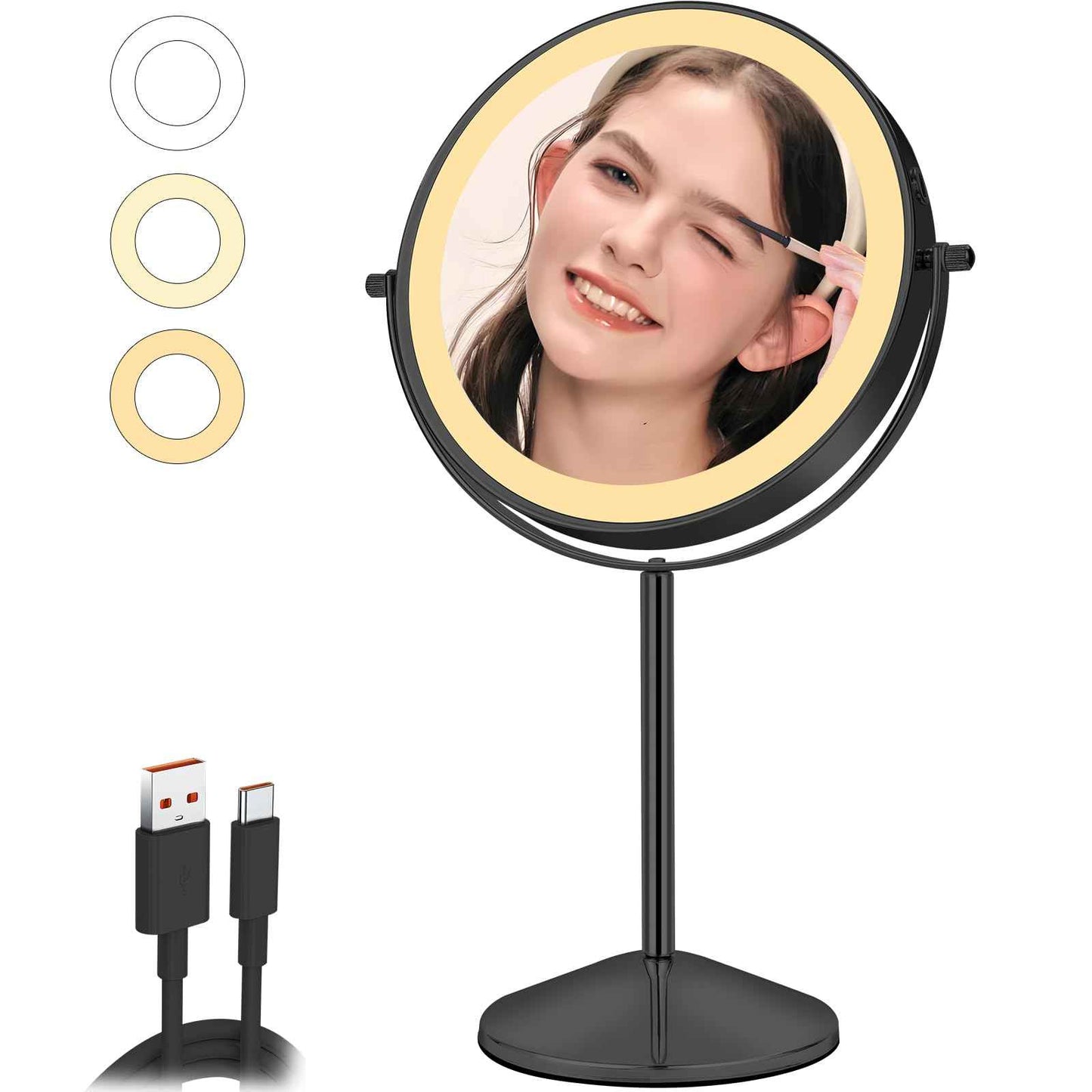 AumVum 8" Vanity Mirror with Lights Rechargeable, 1X/10X Magnifying Makeup Mirror with Touch Screen, 54 LED Adjustable Brightness, 3 Color Modes, 360° Rotation for Tabletop & Bedroom