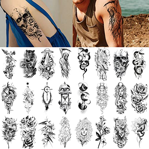 GLARYYEARS Temporary Tattoo for Adults, 24-Pack Large Creative Realistic Tattoos, Black Design Variety Pack Fake Tattoo Stickers for Women Men Body Arm, Long-lasting Snake Skull Tattoos for Halloween