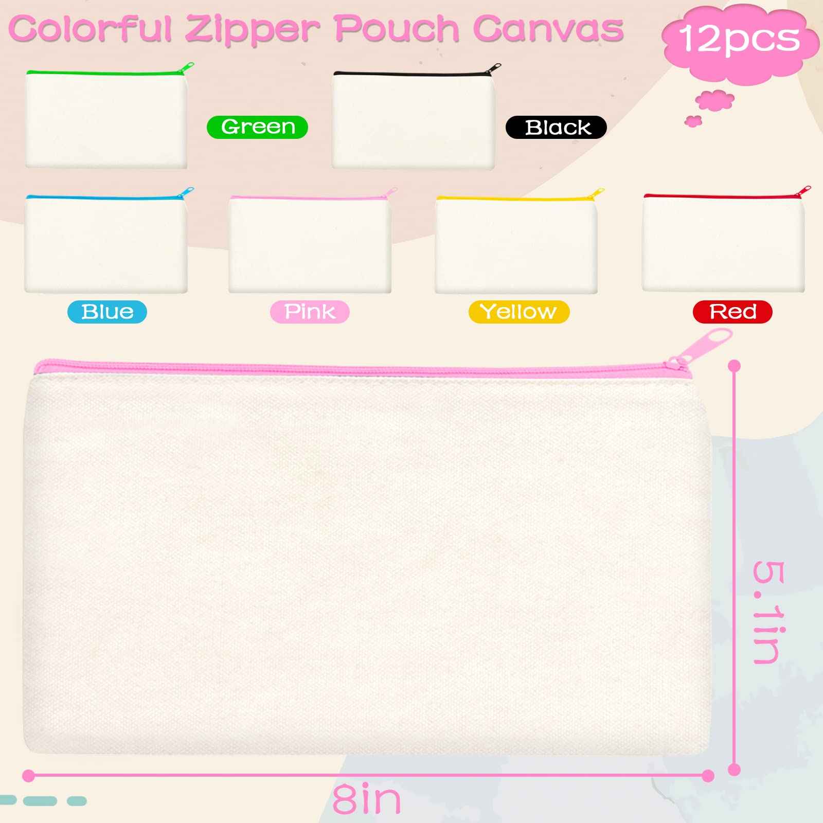 ZeeDix 12 Packs 8.3 x 5 inches Blank DIY Craft Bag Canvas Zipper Pouch- Beige Canvas Makeup Zipper Pouch Bags Multipurpose Cosmetic Bag, Travel Toiletry Bag for Storage