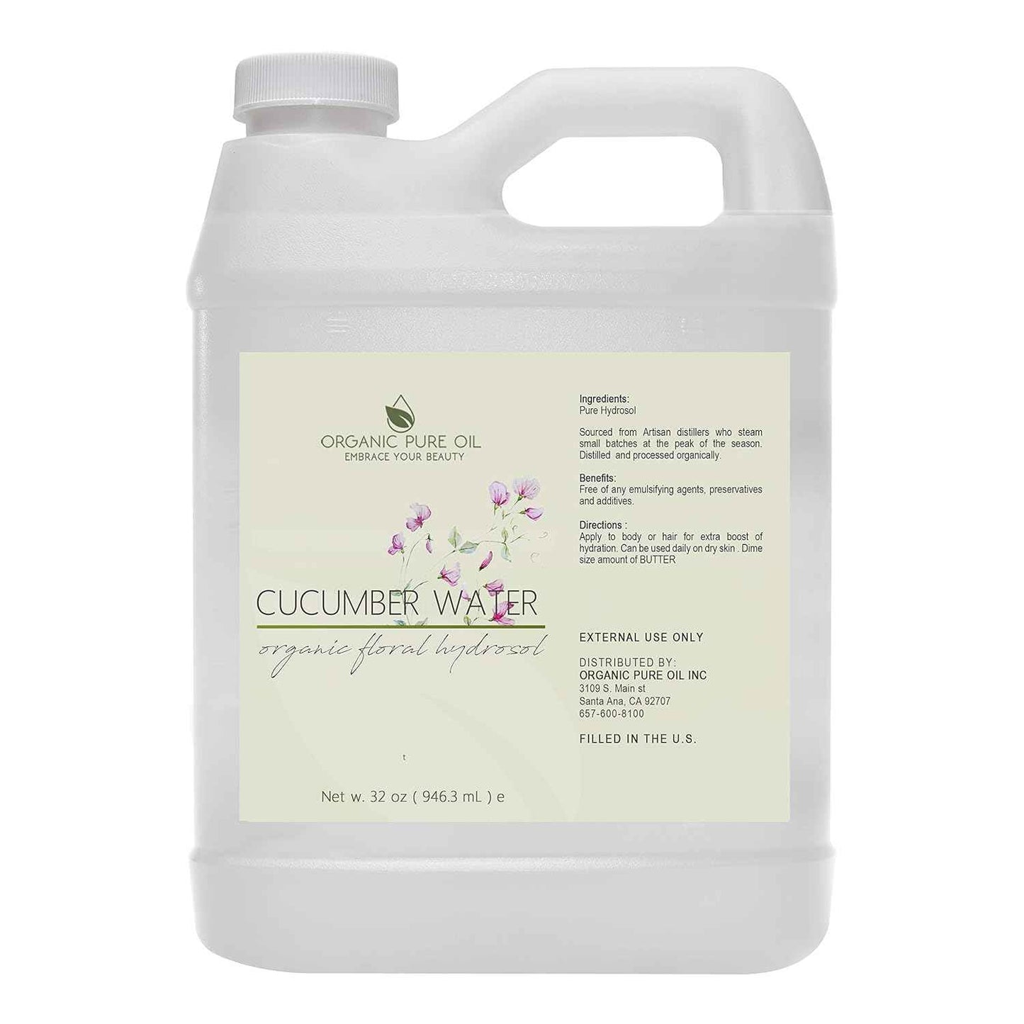 OPO Cucumber Hydrosol - Pure Steam Distilled Hydrating Floral Water Bulk Refill 32 oz - 1 Quart for Skin Hair Face, Greasy, Oily Skin Hair Locs Face Cleansing Toning Spray - Packaging May Vary