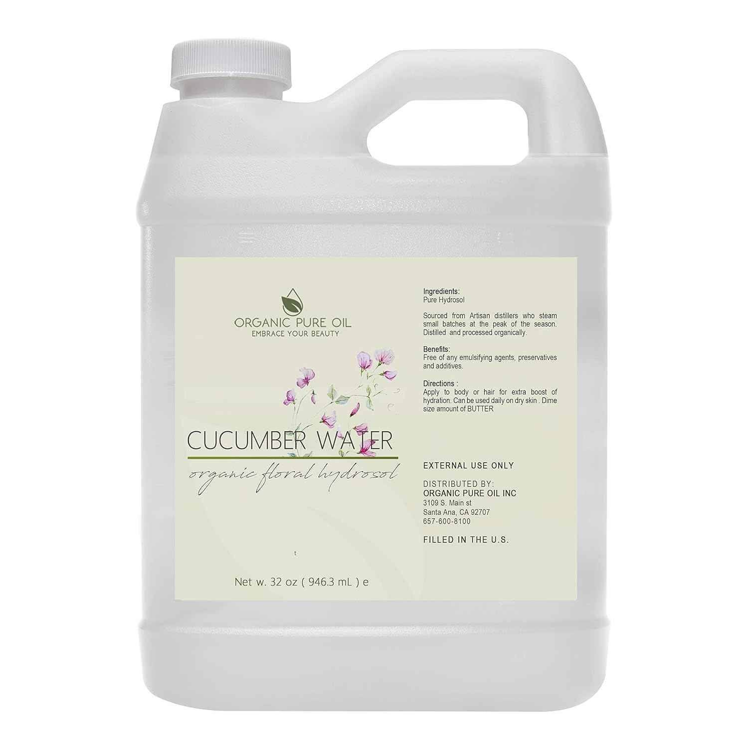 OPO Cucumber Hydrosol - Pure Steam Distilled Hydrating Floral Water Bulk Refill 32 oz - 1 Quart for Skin Hair Face, Greasy, Oily Skin Hair Locs Face Cleansing Toning Spray - Packaging May Vary