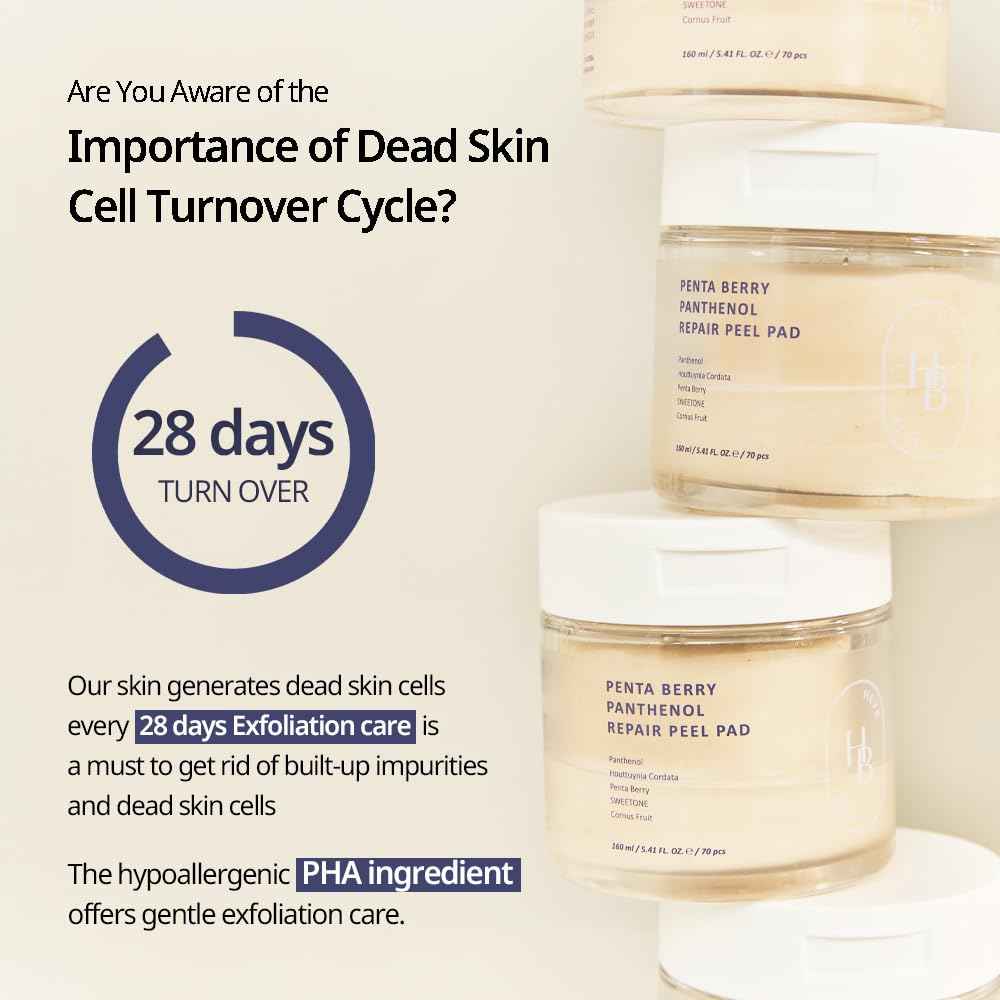 HEVEBLUE Penta Berry Panthenol Repair Peel Pad - 70 Pads, Vegan, Biodegradable, Toner Pad, Exfoliating, Refine Skin Texture, Strengthening Skin Barrier, Low Irritation, Hypoallergenic