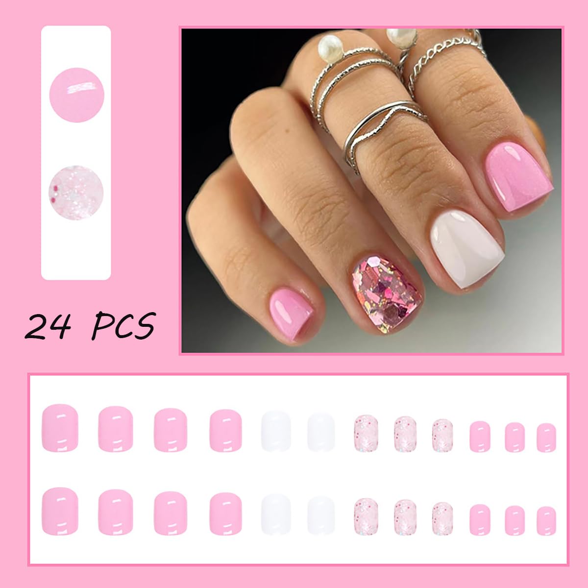 24 Pcs Pink Press on Nails Short Square Fake Nails with Glitter Design Pink White False Nails Glue on Nails Glossy Acrylic Nails Supplies for Women Girls Nails Decoration