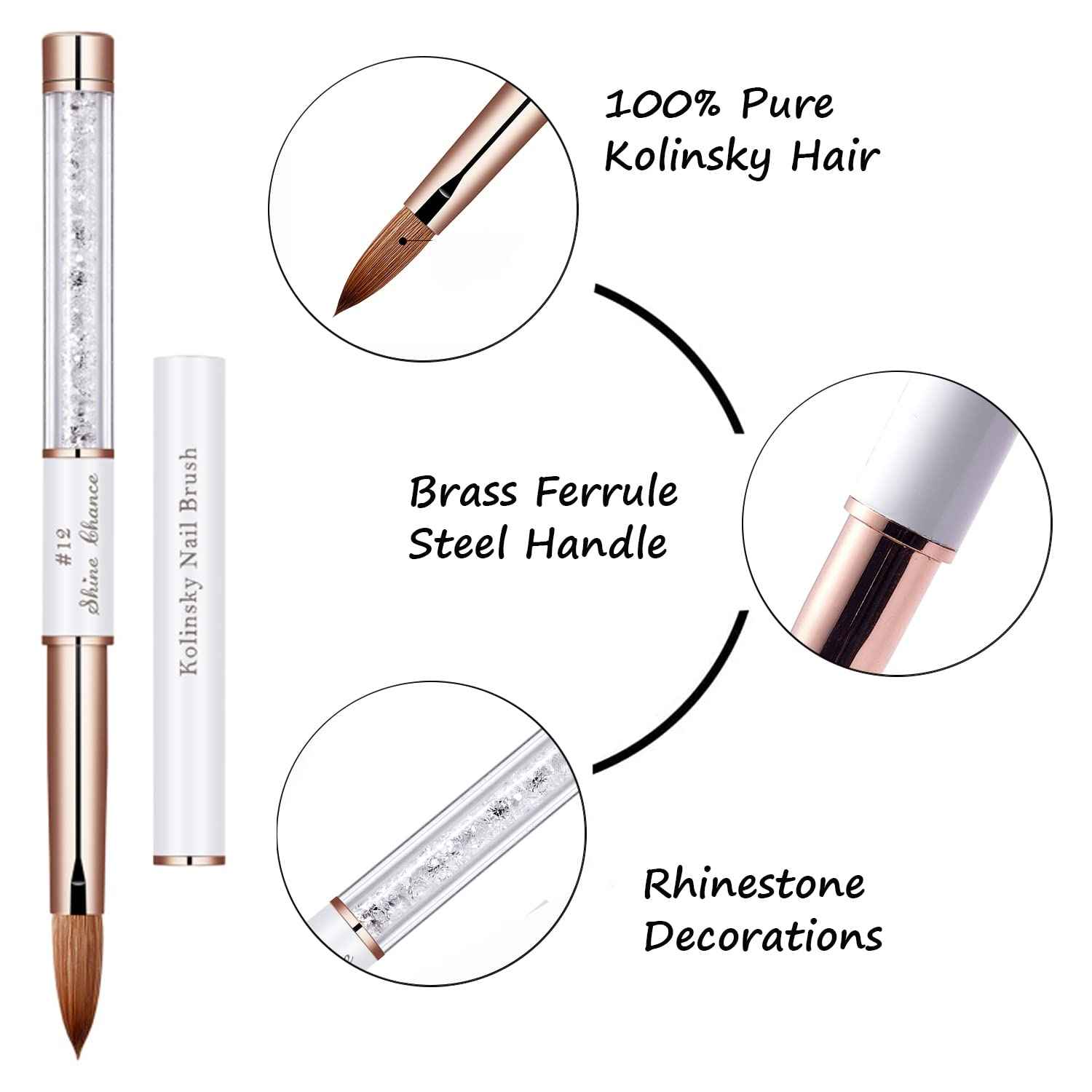 Shine Chance 2Pcs Acrylic Nail Art Brush Size 12, 100% Pure Kolinsky Hair Oval Nail Brush for Acrylic Application, Professional Nail Extension Manicure Tool Striping Nail Drawing Pen for Home Salon