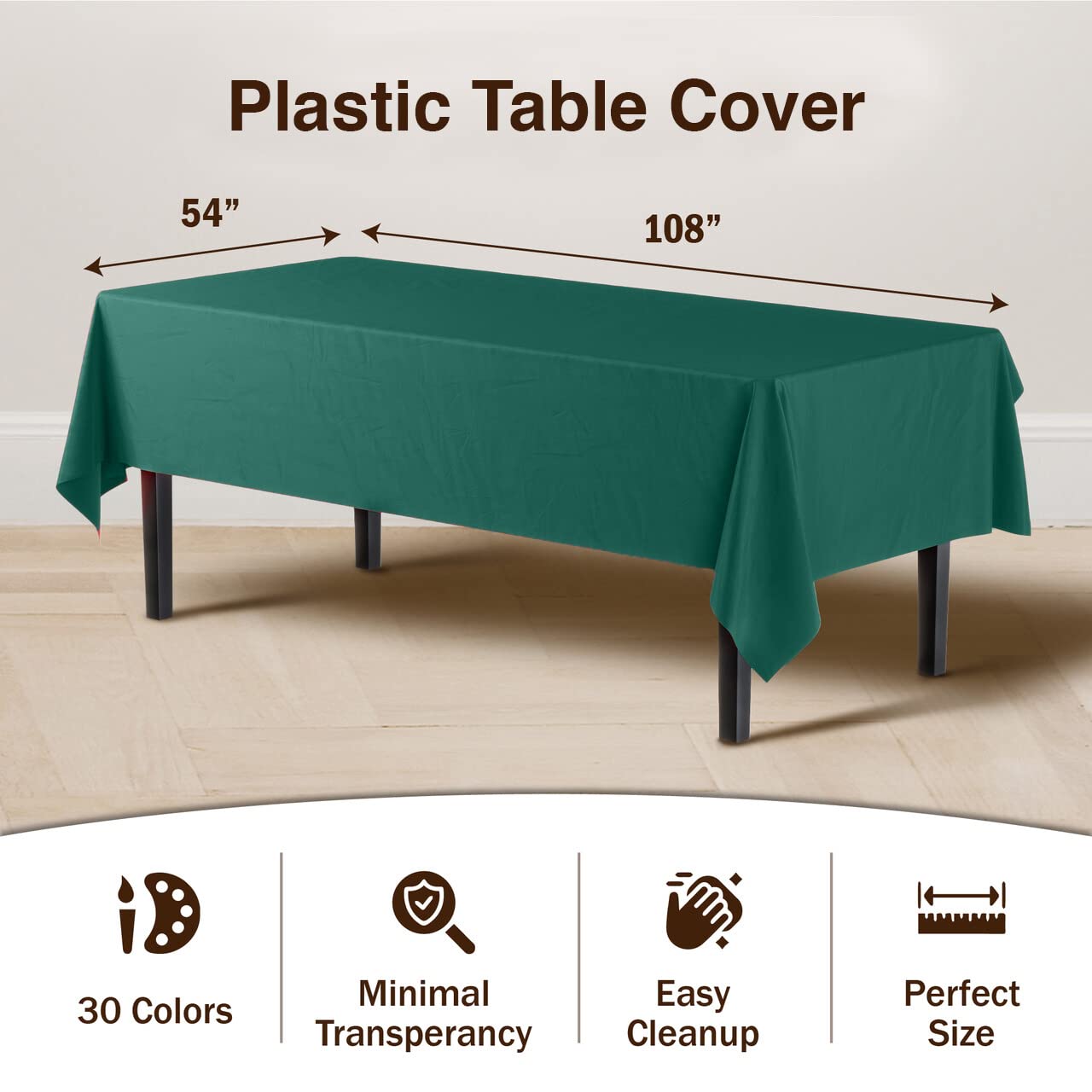 Exquisite 12-Pack Premium Plastic Tablecloth 54in. x 108in. Rectangle Table Cover - Dark Green