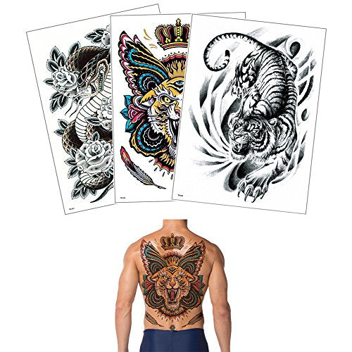 Glaryyears Super Big Full Back Covered Temporary Tattoos, 3 Pack Large Fake Realistic Tattoo Stickers for Adults Men Women, Scary Fierce Tiger Snake Serpent Design