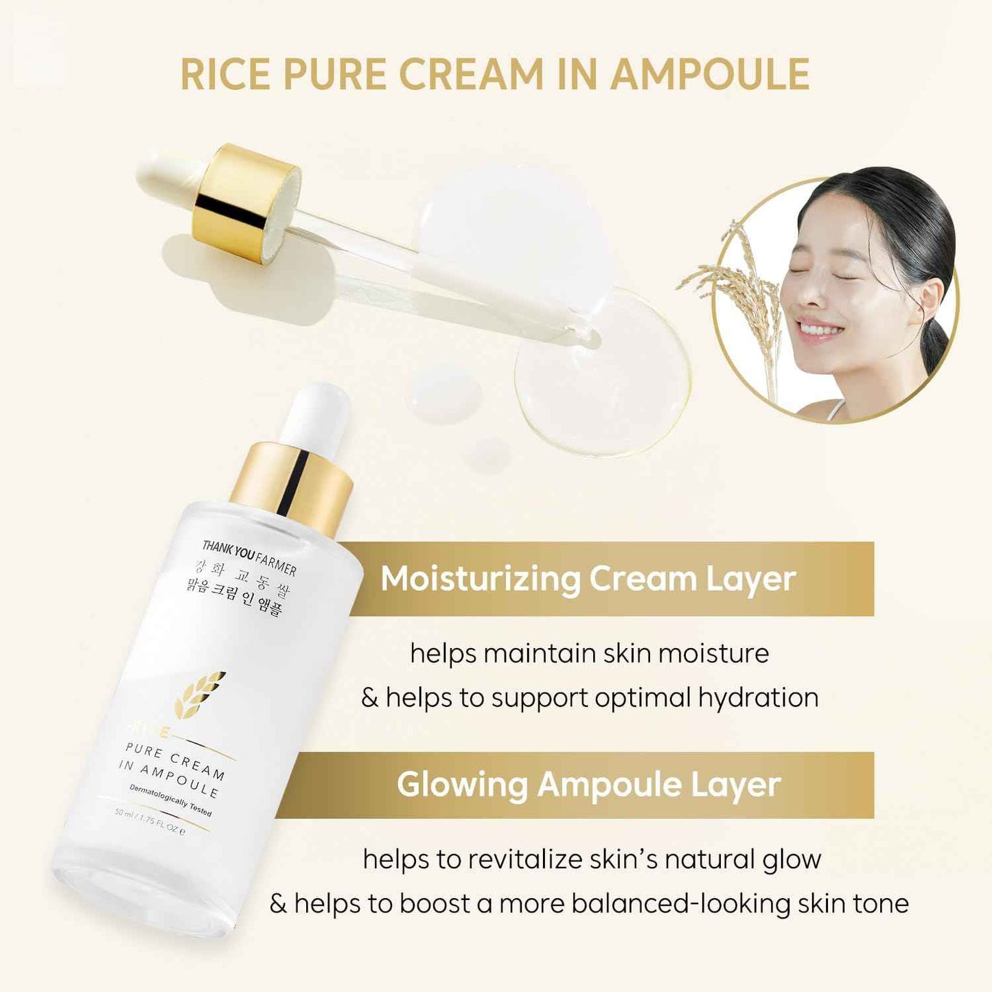 THANKYOU FARMER Rice Pure Cream In Ampoule, Double Layered Formula, Glass skin, Dermatologist Tested, Korean Rice Extracts, Niacinamide, Fragrance-Free, 1.75 fl.oz (50ml)
