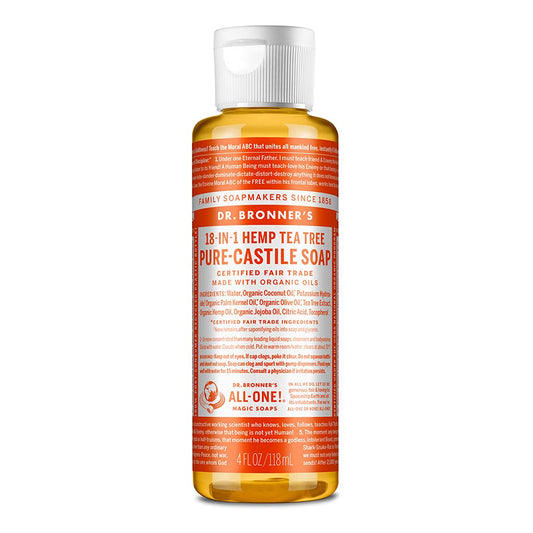 Dr. Bronner's - Pure-Castile Liquid Soap (Tea Tree, 4 Ounce) - Made with Organic Oils, 18-in-1 Uses: Acne-Prone Skin, Dandruff, Laundry, Pets and Dishes, Concentrated, Vegan, Non-GMO