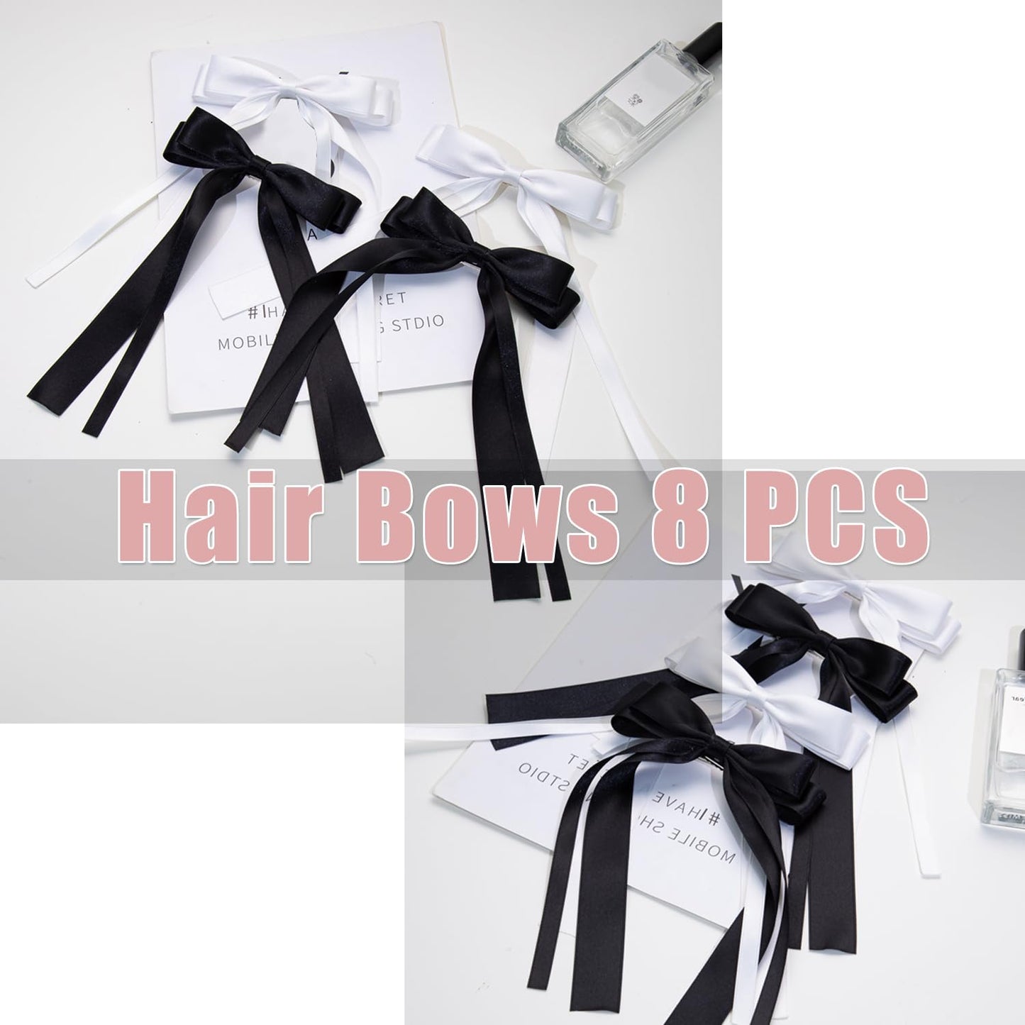 Hair Bows 8 PCS Ribbon Bow for Women,Hair Bows for Women,Hair Ribbons,Oversized Long-tail Cute Aesthetic Hair Accessories,Large Hair Barrettes for Women,Big Bows for Girls,Big Hair Bow（Black White）