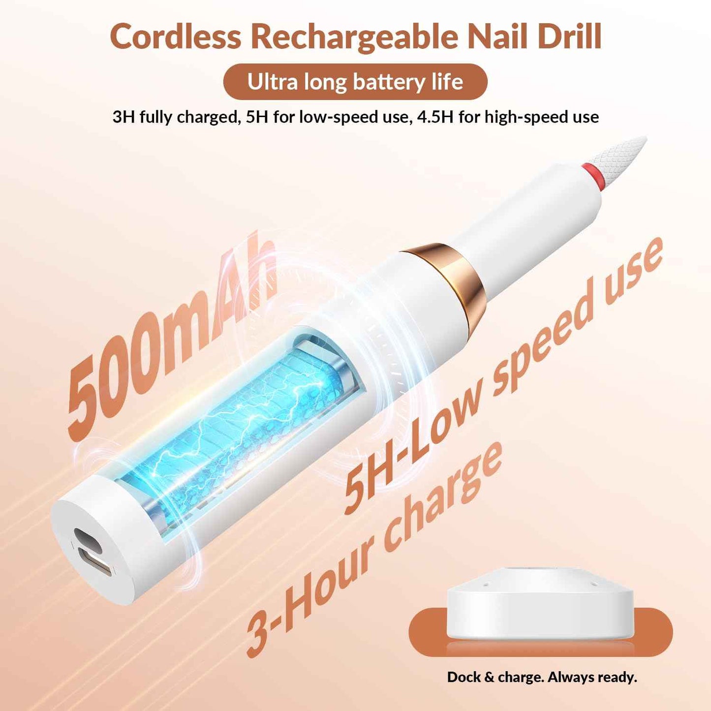 Cordless Rechargeable Nail Drill Kit, 12 Professional Bits & 36 Sanding Bands, 30000RPM Electric Nail Drill Machine, Dual Rotation Ambidextrous Electric Nail File for Acrylic, Gel & Natural Nails