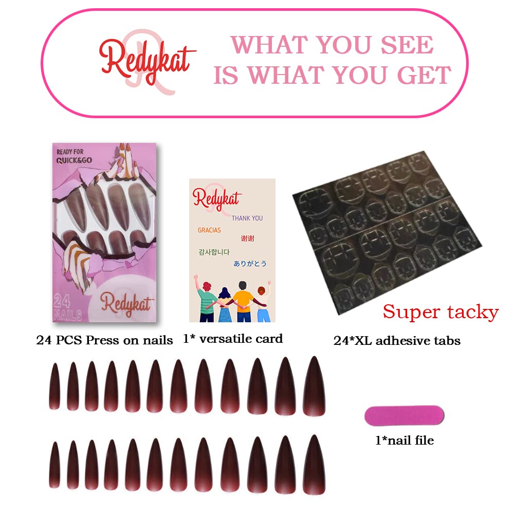 Redykat 24PCS XL Stiletto Matte Press On Nails, Salon Quality Nail Art, Extra Long Acrylic False Nails, Fake Nails, Home Quick Manicure (dark red)