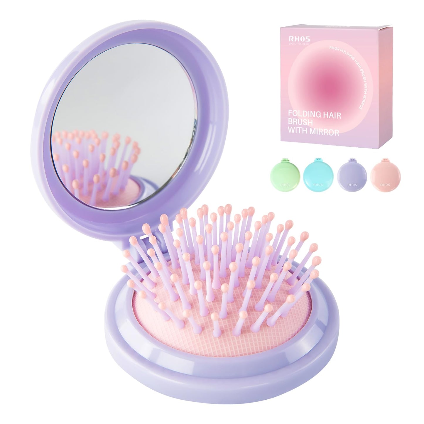 RHOS Hair Brush with Mirror for Women, Girls - Compact Folding Brush with Soft Nylon Bristles and Mirror - Portable Hair Brush for Travel - Purple