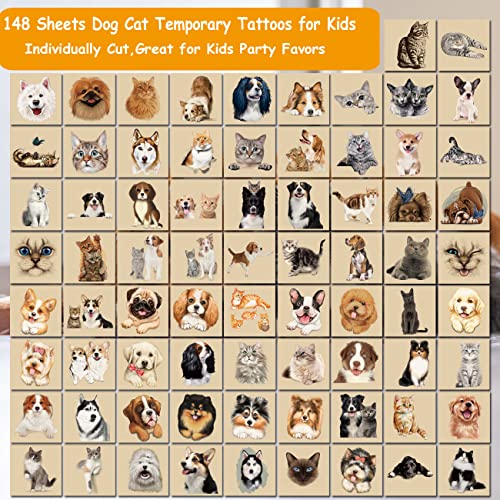 148 PCS Dog Cat Temporary Tattoos for Kids - 3D Individual Puppy kitten Tattoos for Boys Girls Animals Birthday Party Favors Goodie Bag Fillers
