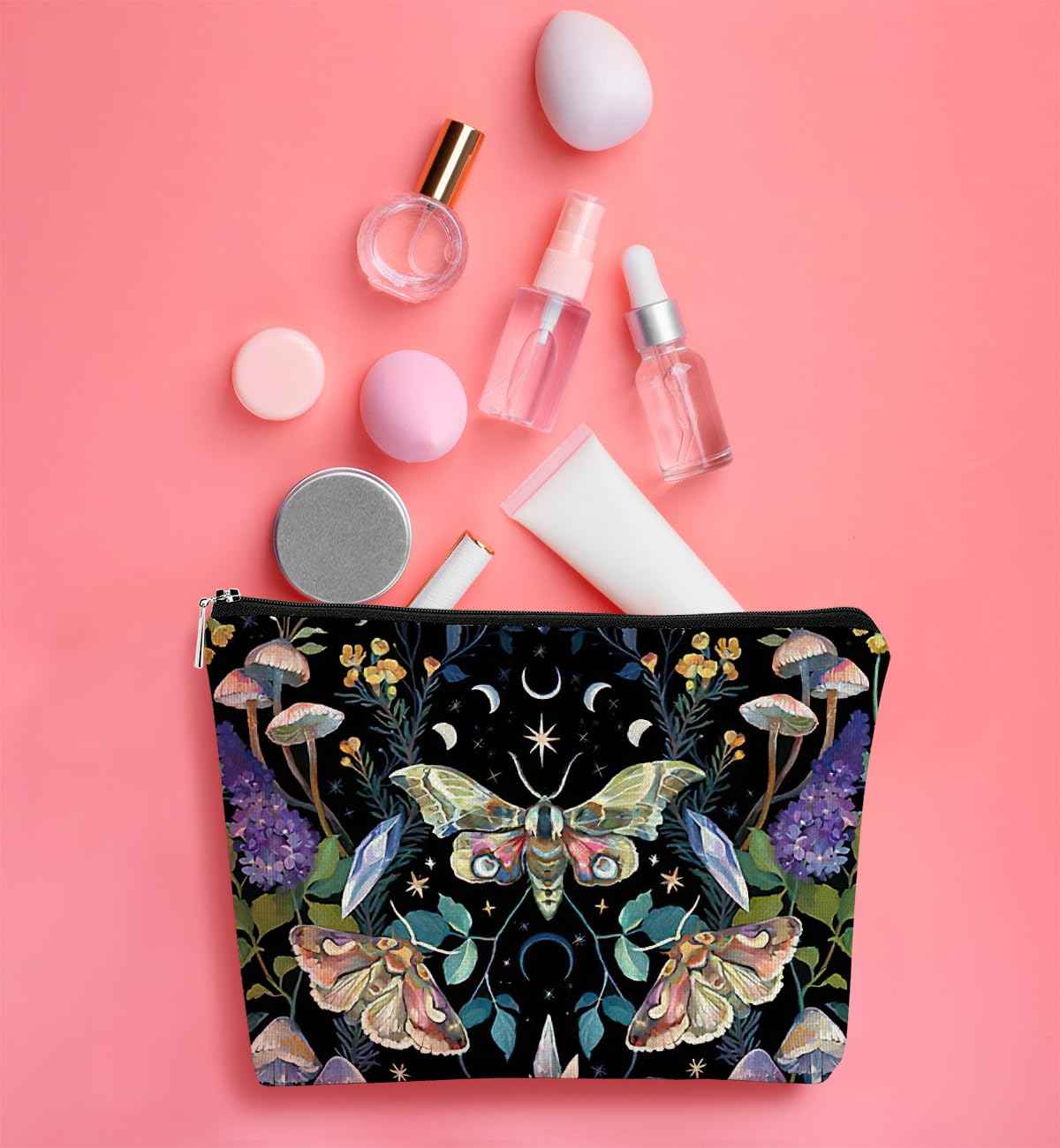 Tarot Moth Mushroom Moon Phase Makeup Bag - Gothic Butterfly Floral Cosmetic Bag for Girls, Sister, Daughter, Friend - Halloween, Birthday Gift