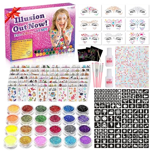 Glitter Tattoos for Kids, Glitter Tattoo kit, Face Gems, Rhinestones, Temporary Tattoos, Face Glitter Festival, face gems Stick on, Festival Accessories, face gem for Festivals,Girls Birthday Present