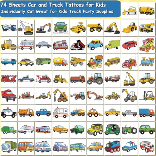 Car and Truck Temporary Tattoos for Kids Party Supplies - 74 Individually Sheets Car Construction Tractor Tattoos for Boys Birthday Party Favors Goodie Bag Fillers