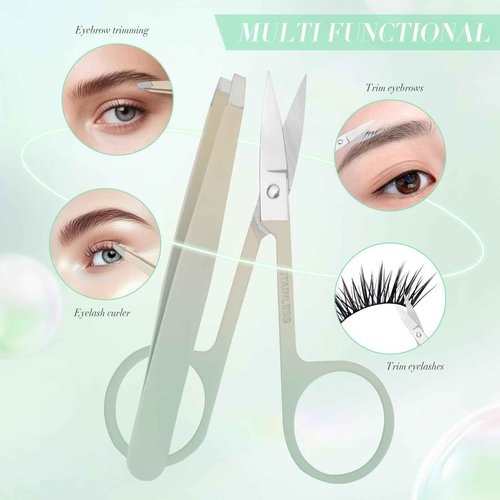 6 PCS Tweezers Set for Women, Eyebrow Tweezers Set with Curved Scissor for Ingrown Hair, Plucking Daily Beauty Tool with Leather Travel Case for Gifts (Gradient Green)