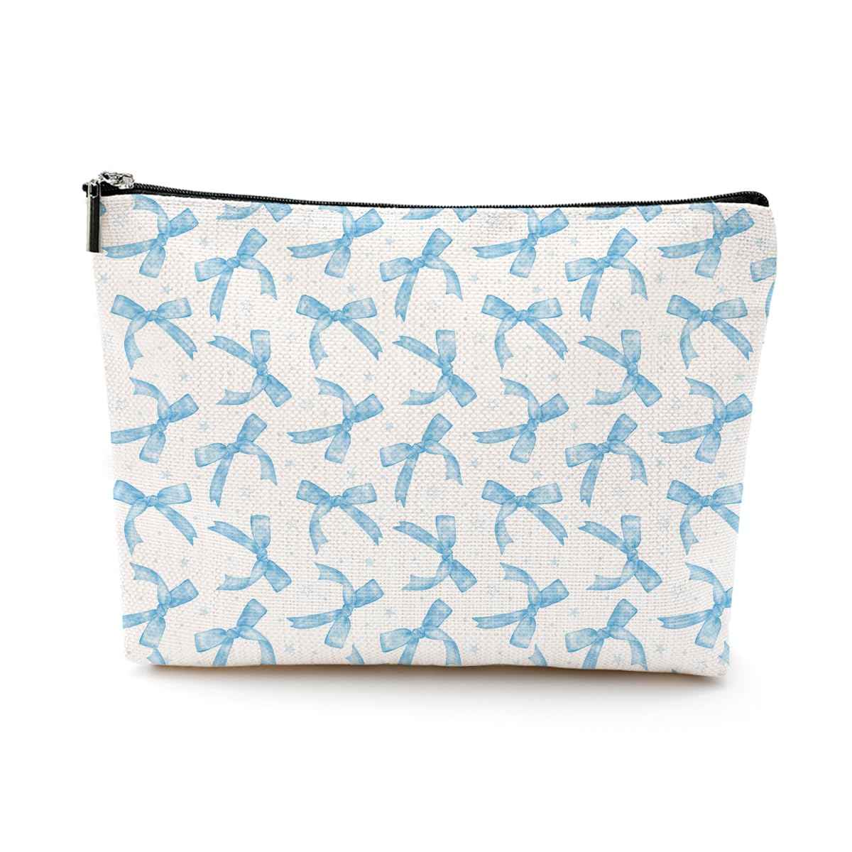 LONGXIN Coquette Makeup Bag Trendy Teen Girls Gifts Blue Bow Pouch Bag Gift for Women Aesthetic Cosmetic Bag Preppy Stuff Trendy Preppy Makeup Bag Funky Zipper Travel Toiletry Bag