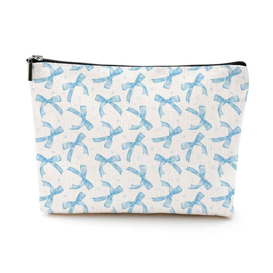 LONGXIN Coquette Makeup Bag Trendy Teen Girls Gifts Blue Bow Pouch Bag Gift for Women Aesthetic Cosmetic Bag Preppy Stuff Trendy Preppy Makeup Bag Funky Zipper Travel Toiletry Bag