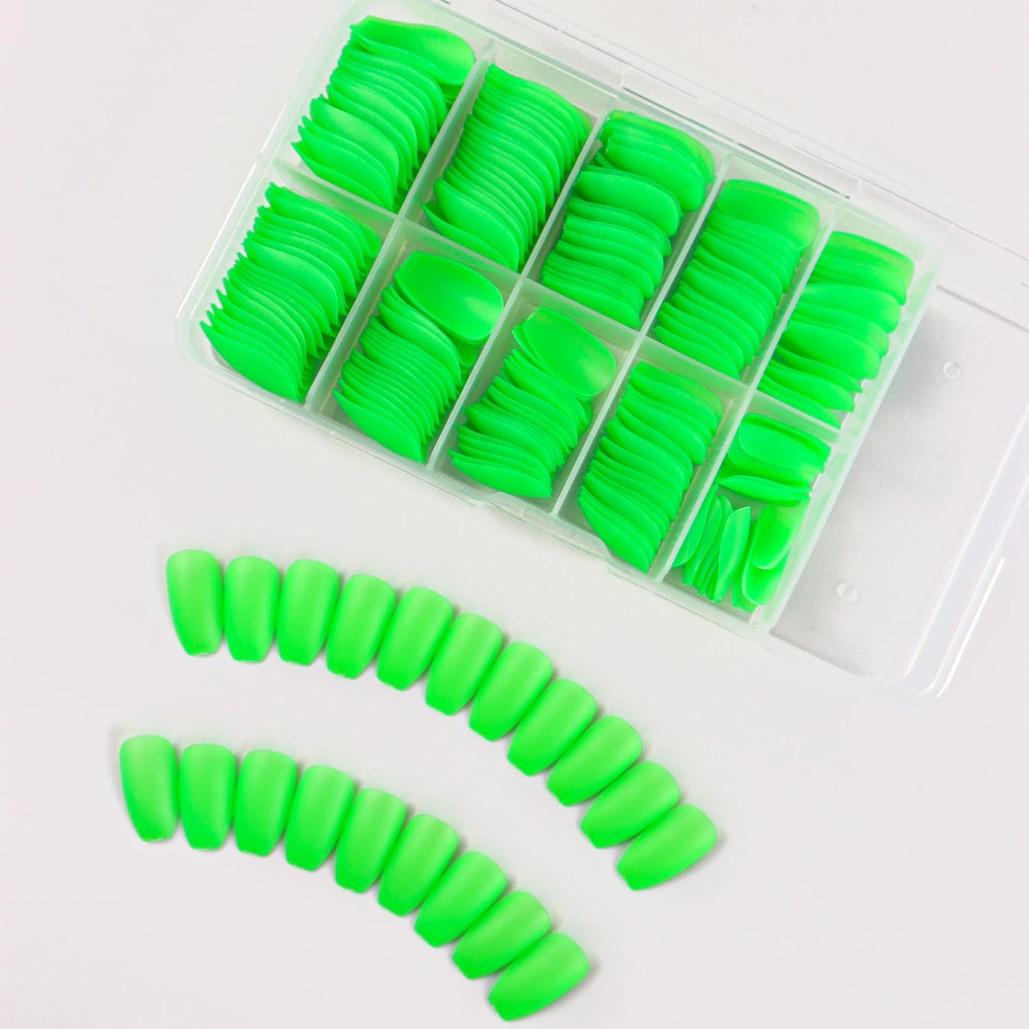 240 Pcs Green Glow in The Dark Press on Nails Medium Coffin Shape Artificial Kit Solid Color Fake Nails with Fluorescent Designs Matte Glue on Nails Gloss Stick on Nails for Women Girls Nail Supplies