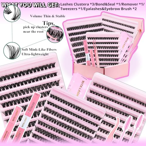 Lash Clusters Kit 3D Effect Volume Lashes Clusters Kit Wispy Cluster Eyelash Extensions D Curl Eyelash Clusters Kit Pesta?as Postizas Naturales+Bond&Seal,Remover,Tweezers,Brush(150D+200D+Spike Kit)