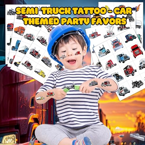Semi Truck Temporary Tattoos for Kids ? 96+ Big Rig Tattoo Stickers for Boys Girls ? Transportation Theme Birthday Party Favors, Goodie Bag Fillers, Fake Waterproof Tattoos