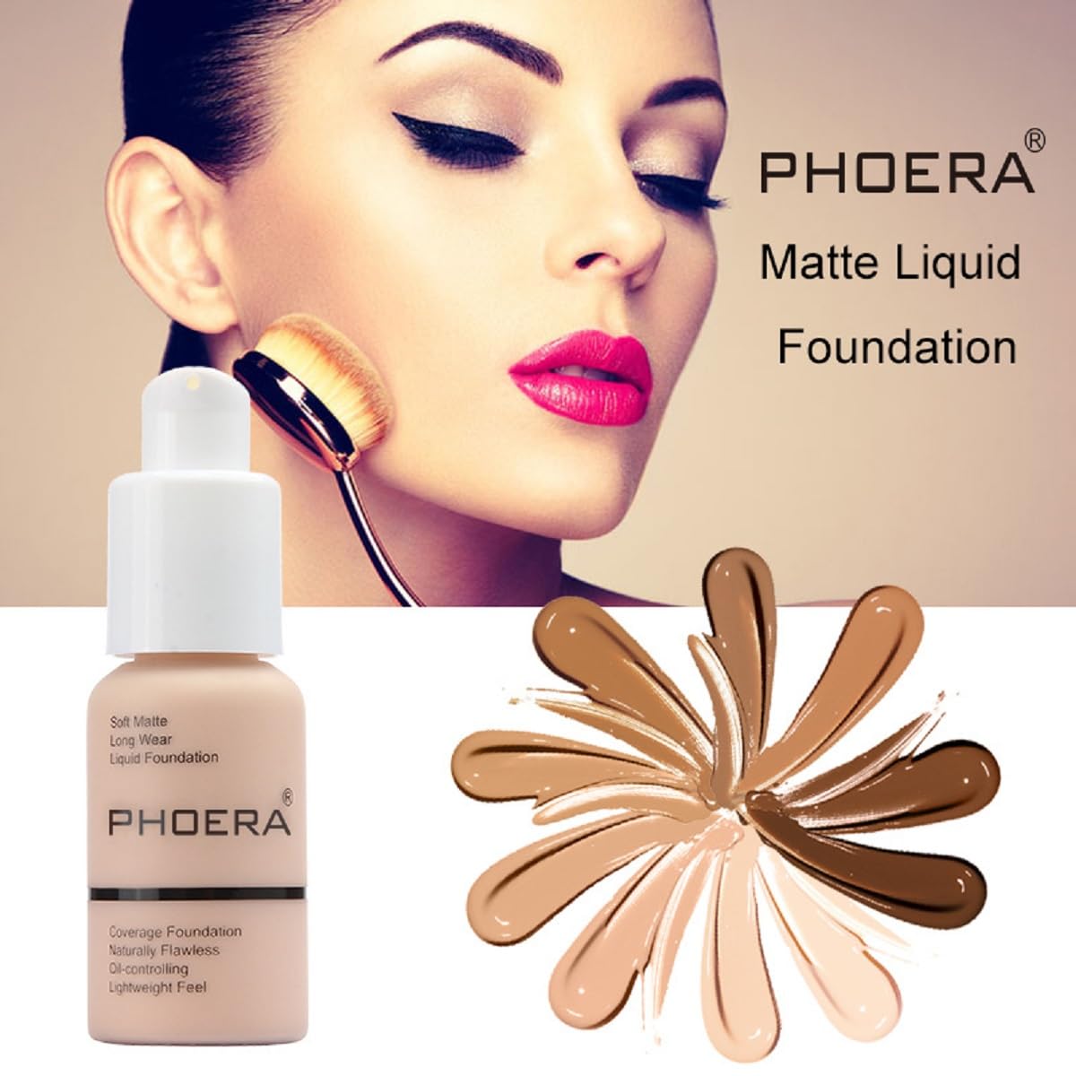 2 Pack PHOERA Foundation 103# Warm Peach and 104# Buff Beige,Flawless Soft Matte Liquid Foundation 24 HR Oil Control Concealer Foundation Makeup.