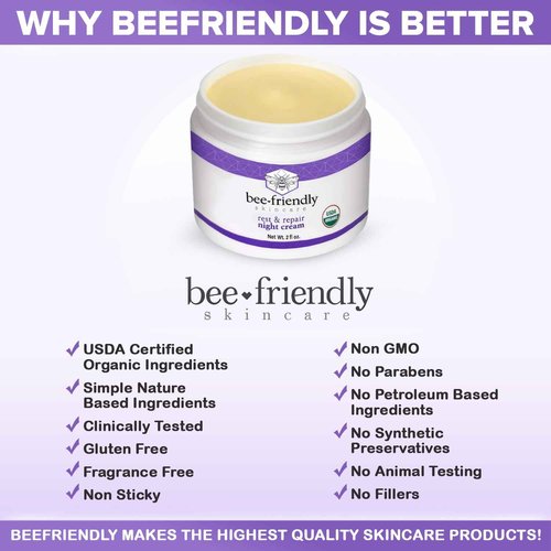 BeeFriendly Organic Night Cream, USDA Certified Organic, Deep Hydrating & Moisturizing Night Time Eye, Face, Neck & Decollete Cream for Women and Men, Anti Aging, Anti Wrinkle 2 oz