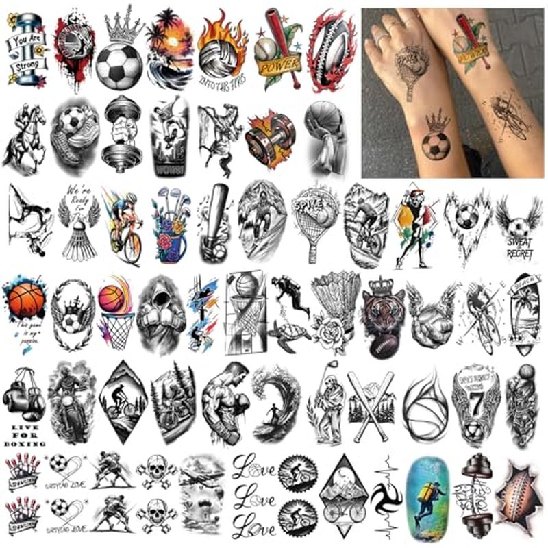 Sport Temporary Tattoos for Adult Kids, 77 Sheets Black Fake Tattoo Realistic and Waterproof, Basketball Football Skiing Tattoo Design for Sports Enthusiast, Large Tattoos Temporary for Men Women