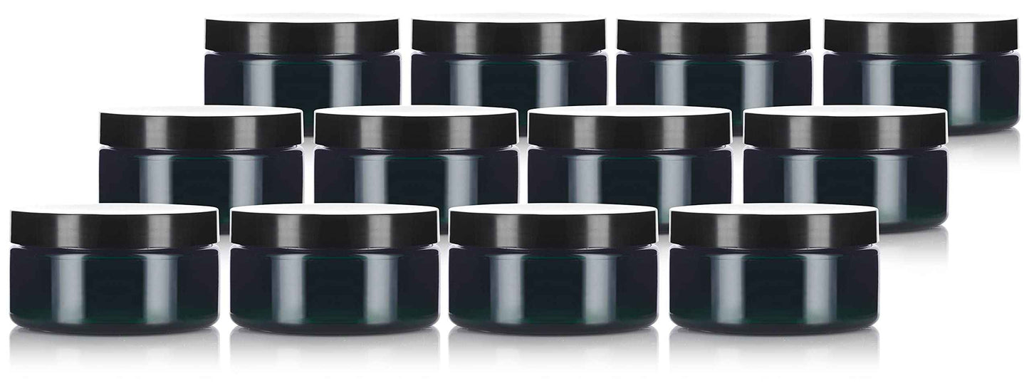 JUVITUS (12 Pack) 8 oz Green PET Plastic Low Profile Jar with Black Smooth Lid