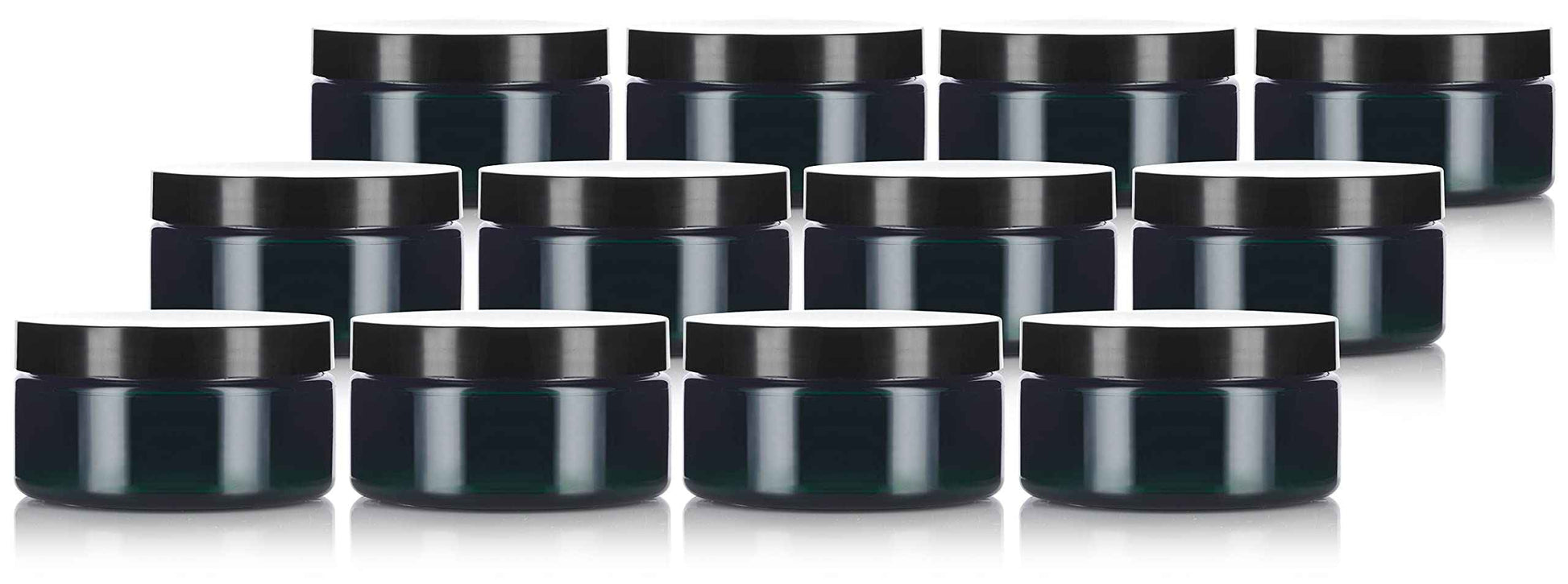 JUVITUS (12 Pack) 8 oz Green PET Plastic Low Profile Jar with Black Smooth Lid