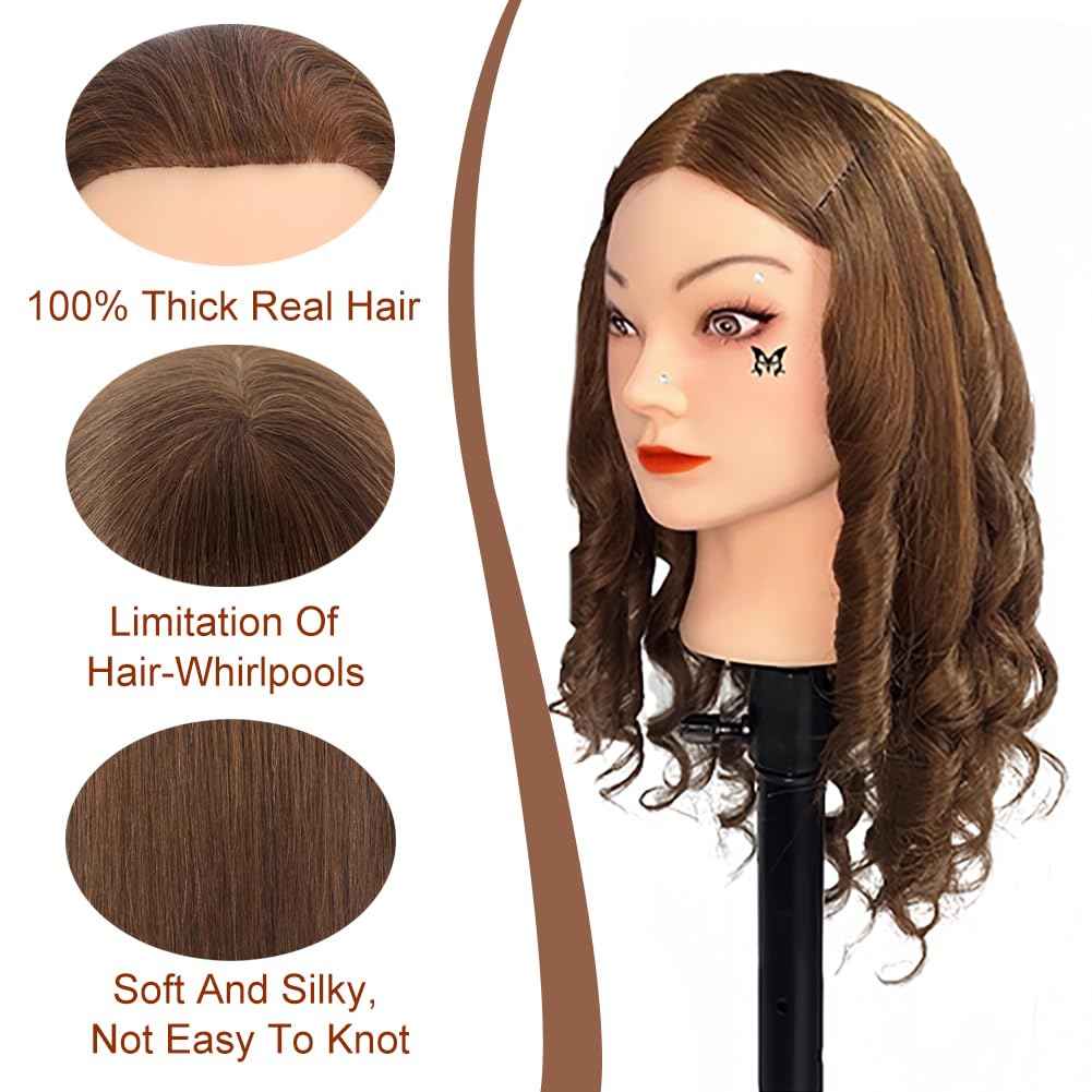 Opini Mannequin Head with 100% Real Human Hair Cosmetology Mannequin Head to Practice Hairstyles Doll Head Training Head for Hairdresser (Brown)