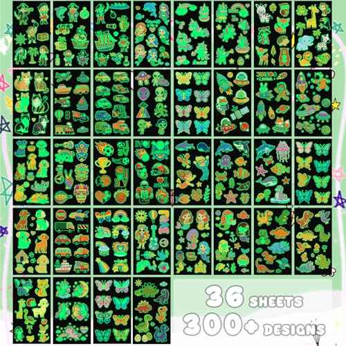 Temporary Tattoos for Kids, 36 Sheets, 350+ Mixed Luminous Styles, Glow In The Dark Tattoos Kids with Animal Alien Dinosaur Unicorn Balls Mermaid Car Space Butterfly Ocean Pirate Summer Rainbow etc