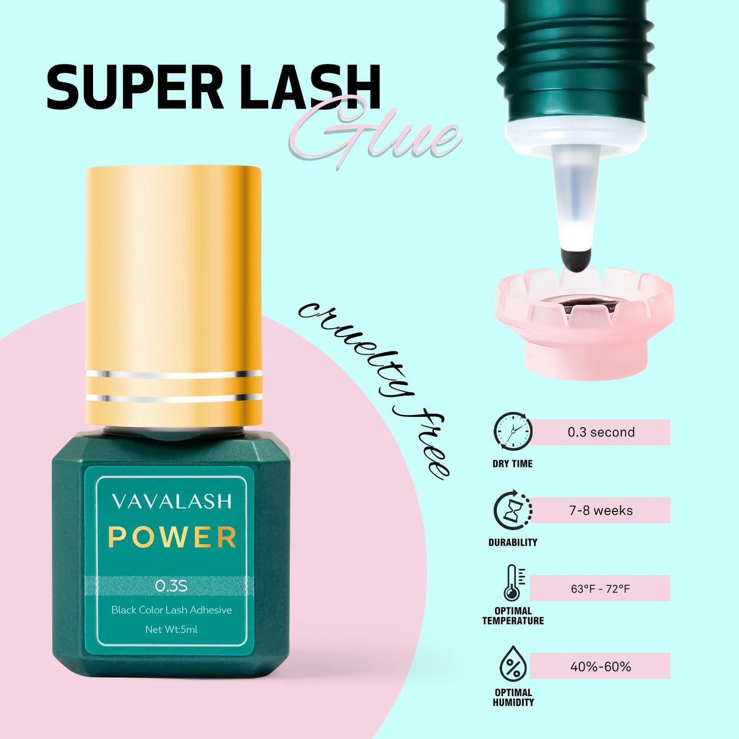 VAVALASH Eyelash Extension Glue Lash Extension Adhesive 0.3 Sec Drying Time Retention 9 Weeks Maximum Bond Lash Glue Long Lasting Black Eyelash Glue Professional Lash Artist Use Only (Power,5ml)