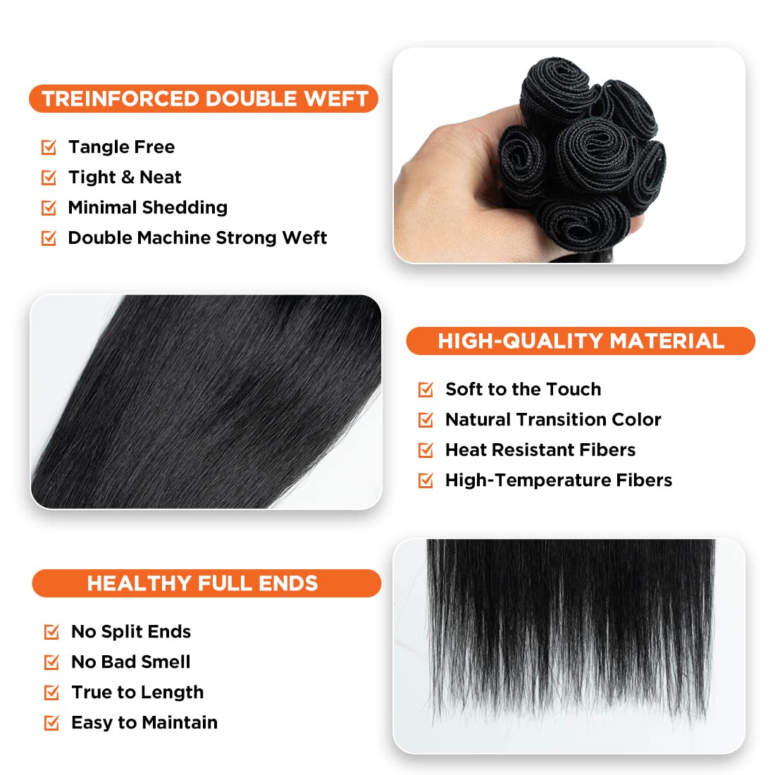 Noble Star Natural Black Color 6 Synthetic Hair Bundles with 1 Hand-Tied Closure 325G Long Yaki Straight Weft Weave Swiss Lace Hair Extension Heat Resistant