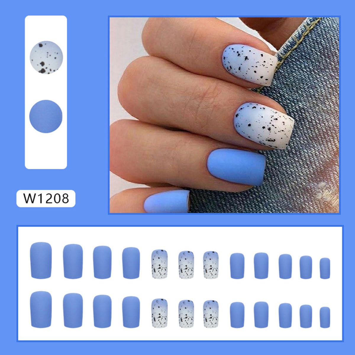 WLGDLH Square Press on Nails Medium Fake Nails Press Ons Blue Coffin False Nails Nail Tips Blue White Ombre with Matte Black Dots Glue On Nails Acrylic Nails Press On Nail Kit for Women Nail Art24PCS