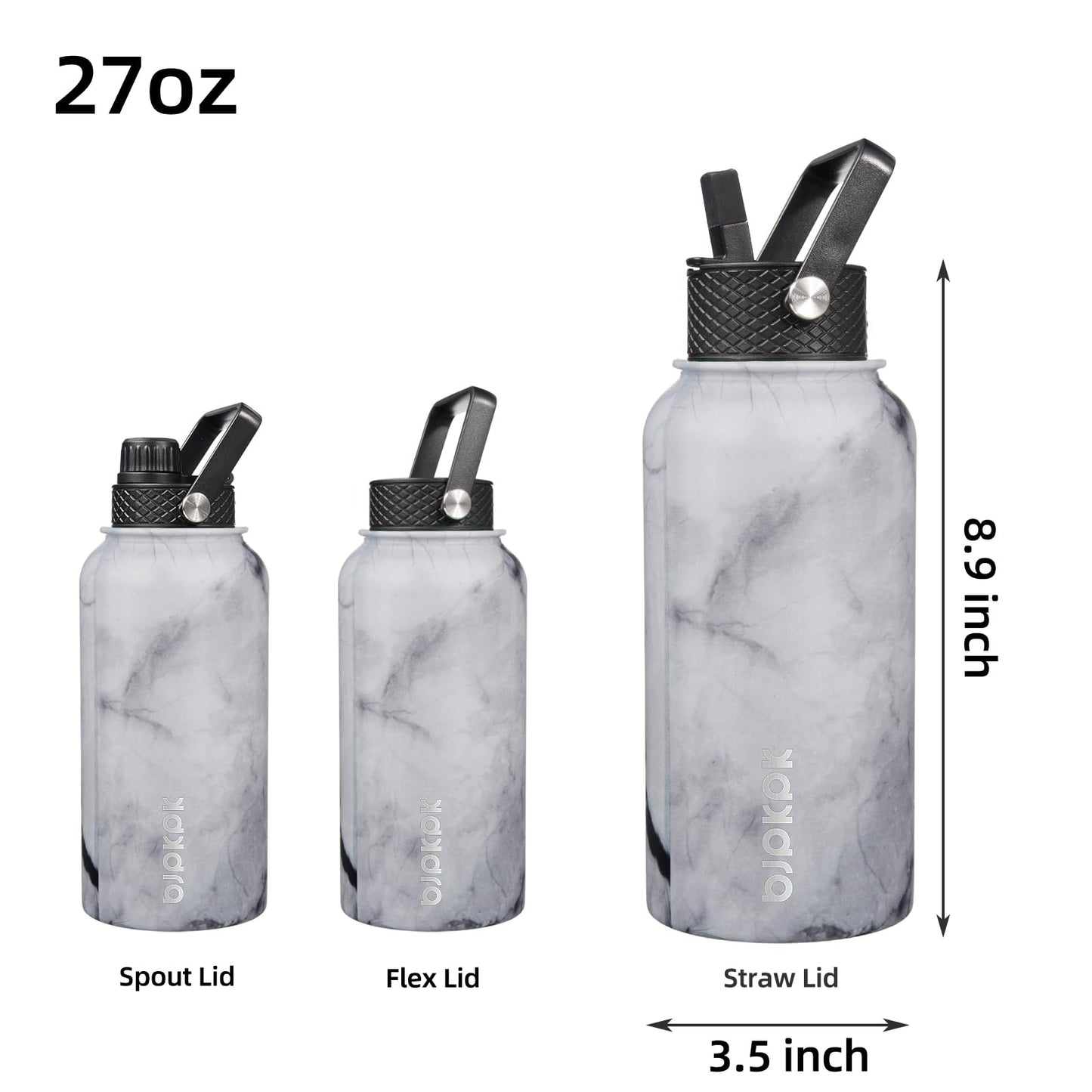 BJPKPK Insulated Water Bottles with Straw Lid, 27oz Stainless Steel Water Bottle with 3 Lids, Leak Proof BPA Free Metal Thermos Mug, Sports Water Bottle Keep Cold & Hot-Marble Frozen