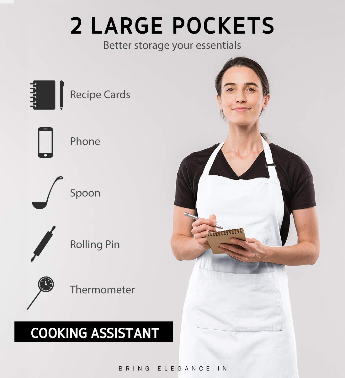 Syntus 2 Pack Adjustable Bib Apron Thicker Version Waterdrop Resistant with 2 Pockets Cooking Kitchen Aprons for Women Men Chef, White & Black