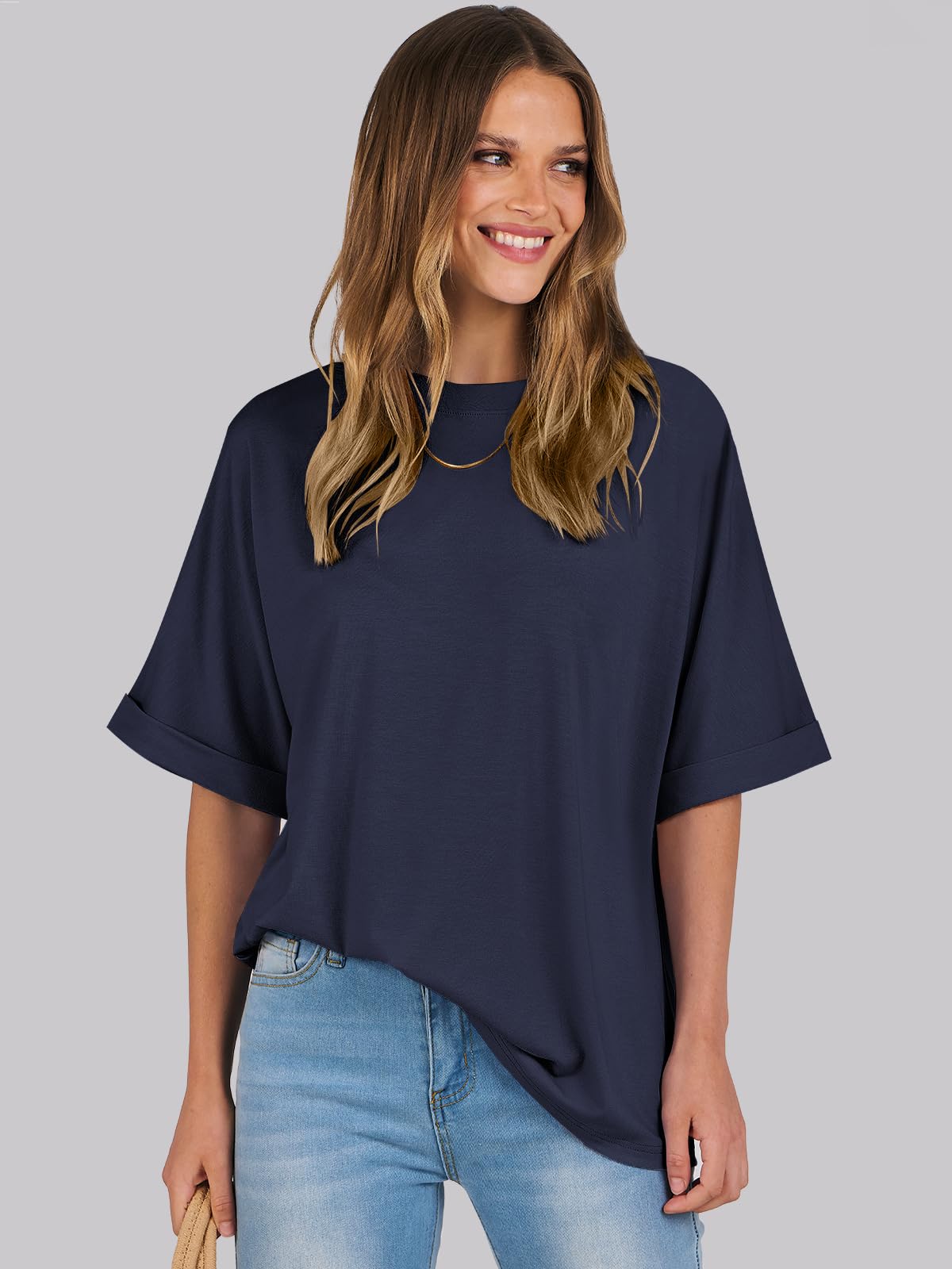 ANRABESS Women's Oversized T Shirts Short Sleeve Crewneck Summer Tops Casual Loose Basic Tee Shirts 2024 Trendy Clothes Navy Blue Large