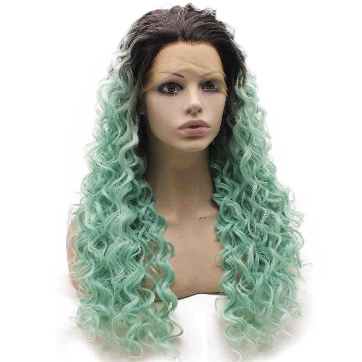 MX angel Long Curly Heat Resistant Synthetic Lace Front Wig (dark root blue)