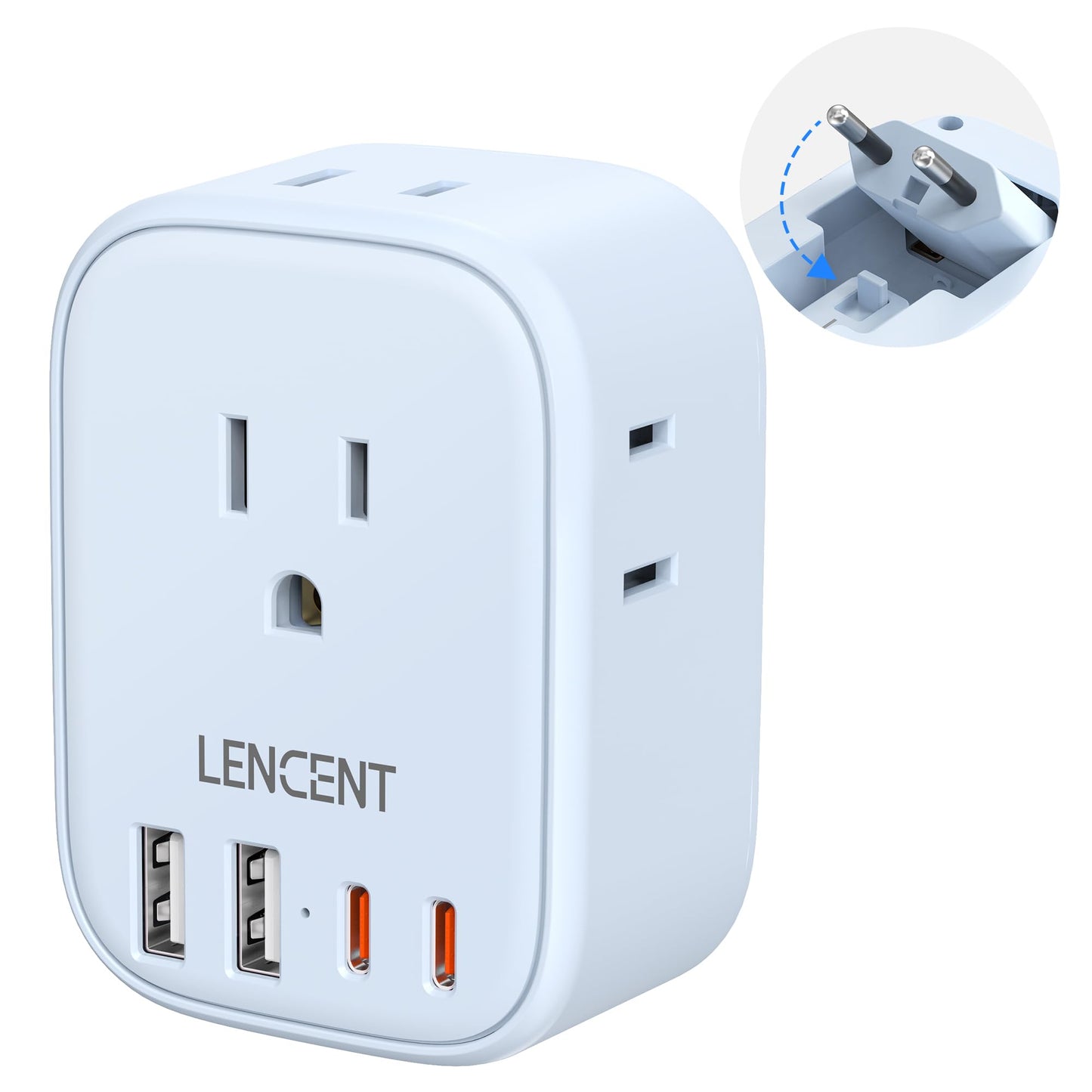 European Travel Plug Adapter, LENCENT International Type-C Foldable Power Plug with 4 Outlets, USB C Charger Adaptor, US to Most of Europe EU Iceland Spain Italy France Germany, Cruise Approved, Blue