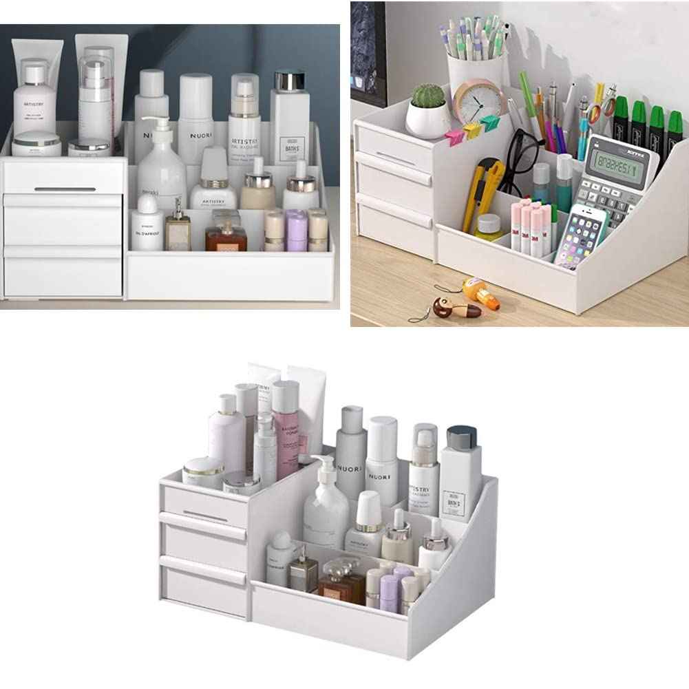 Jilukibo Large Capacity Makeup Organizer for Bathroom Bedroom, Cosmetic Storage Box with Drawers, Desktop Makeup Container for Jewelry Lipstick Skin Care (White)