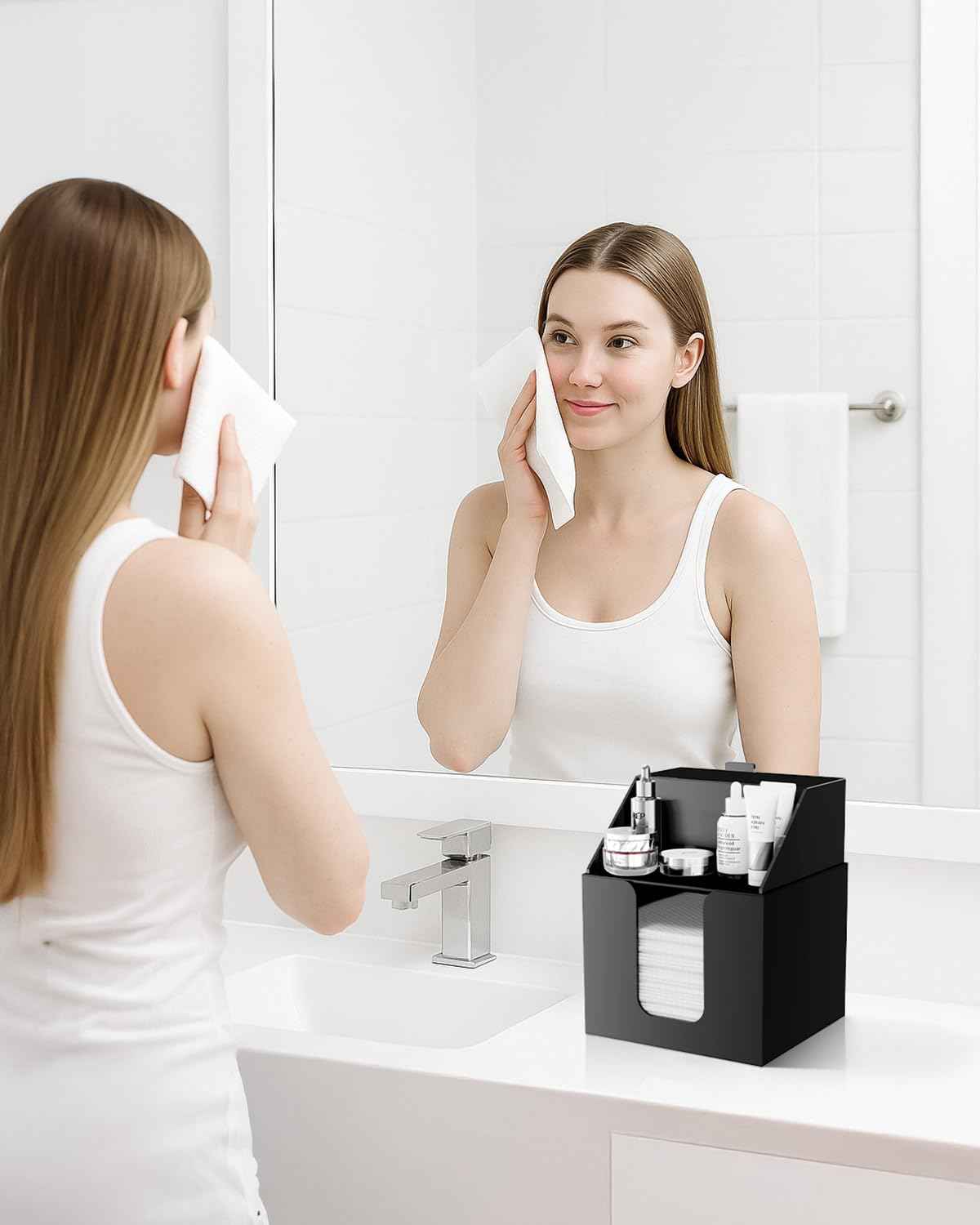 TAINESS Disposable Facial Towels Storage Box Compatible with Clean Skin Club Clean Towel XL - Cotton Pads - Swabs Upgraded Double Layer Acrylic Storage Container Face Towel Holder (Matte Black)