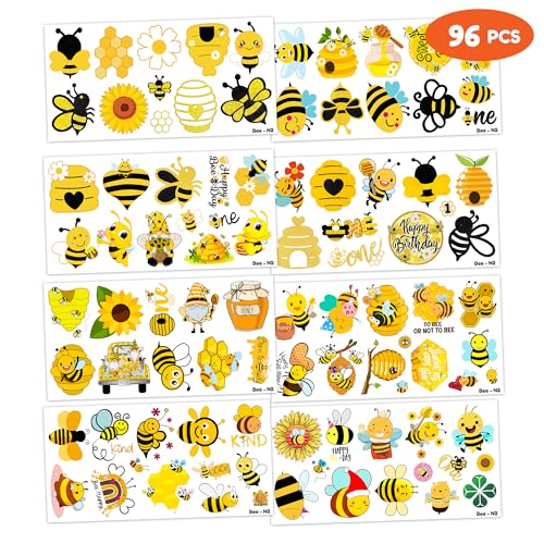 96 Pcs Cute Bee Temporary Tattoos for Kids - Waterproof