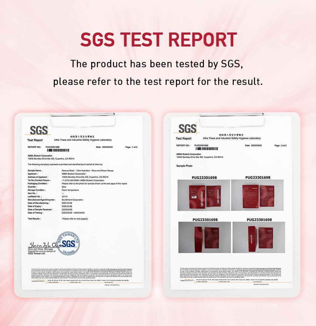 menorah skincare - Ultra Hydration Rescue Sheet Mask (4 Sheets) - with Rice, African Mango, Face sheet masks, Moisturizing mask, Super Hydration and Moisturizing, 100% Organic cotton sheet mask