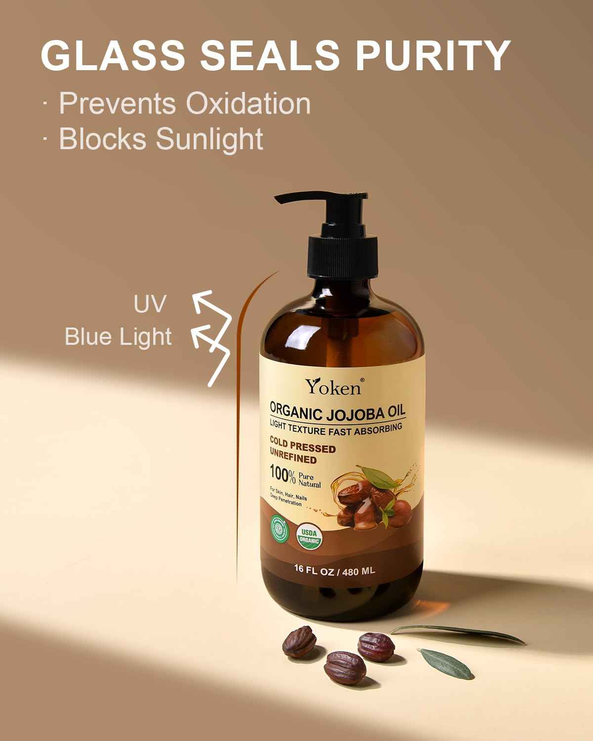 Yoken Organic Jojoba Oil Glass Bottle 16 fl oz, USDA Certified 100 Pure & Natural Jojoba Oil for Hair, Skin & Face, Cold Pressed Unrefined Hexane Free, Deeply Moisturizing Body Serum for Gua Sha