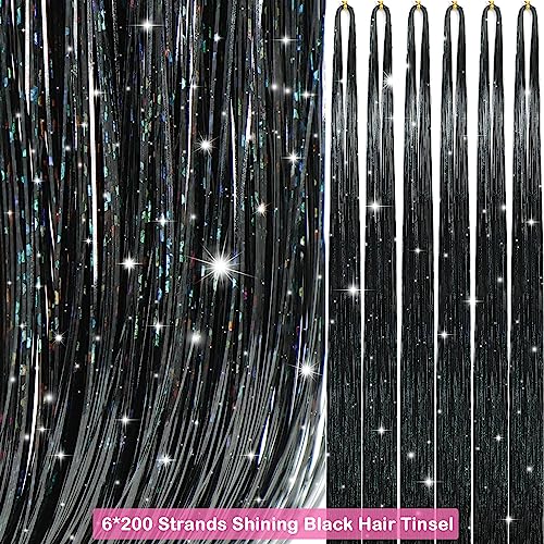 Black Hair Tinsel Kit with 1200 Strands & Tools - 48 Inch
