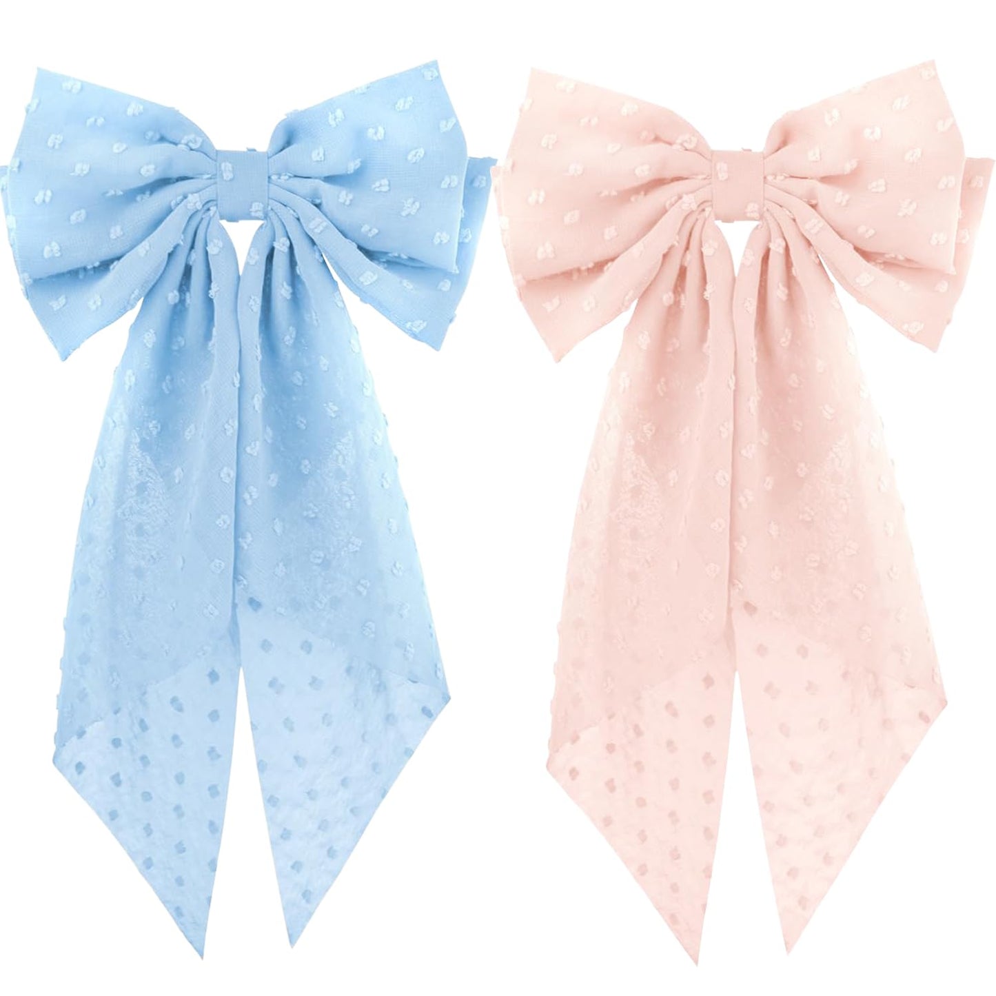 2PCS Large Hair Bows Ribbon Hair Clips, Double Layers Big Bow Hair Clip With Long Tail Ribbon Bowknot Hair Barrettes, Ponytail Holder Hair Accessories for Women Girls (Blue+Pink)